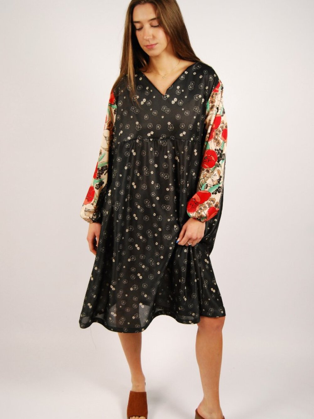 70s Sack Dress (XL) small black red vintage midi boho hippie retro loose fit